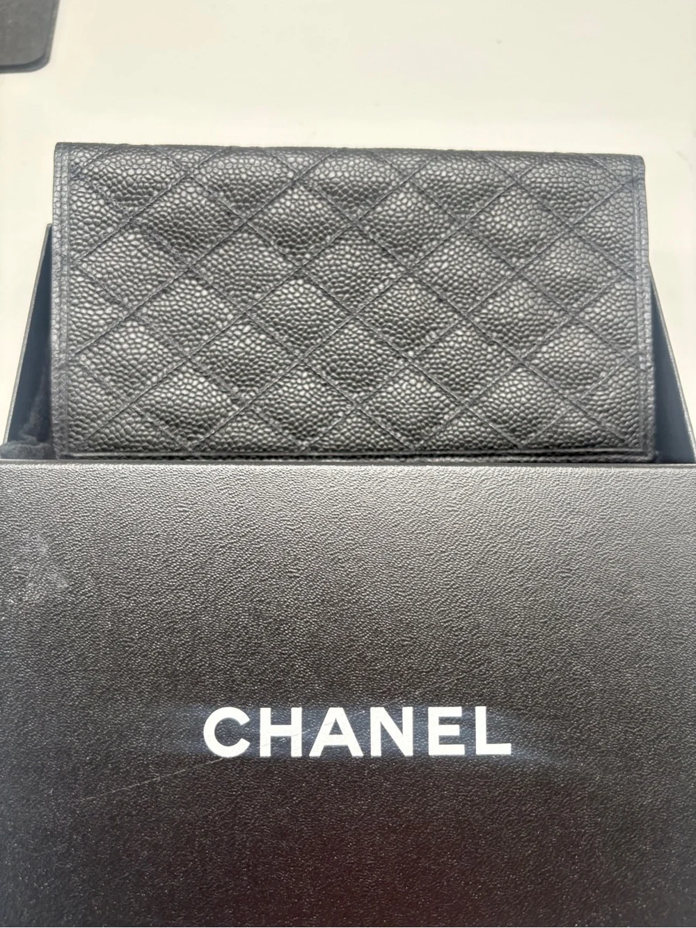 Vintage Chanel Black Caviar Quilted Long Wallet With Box and COA